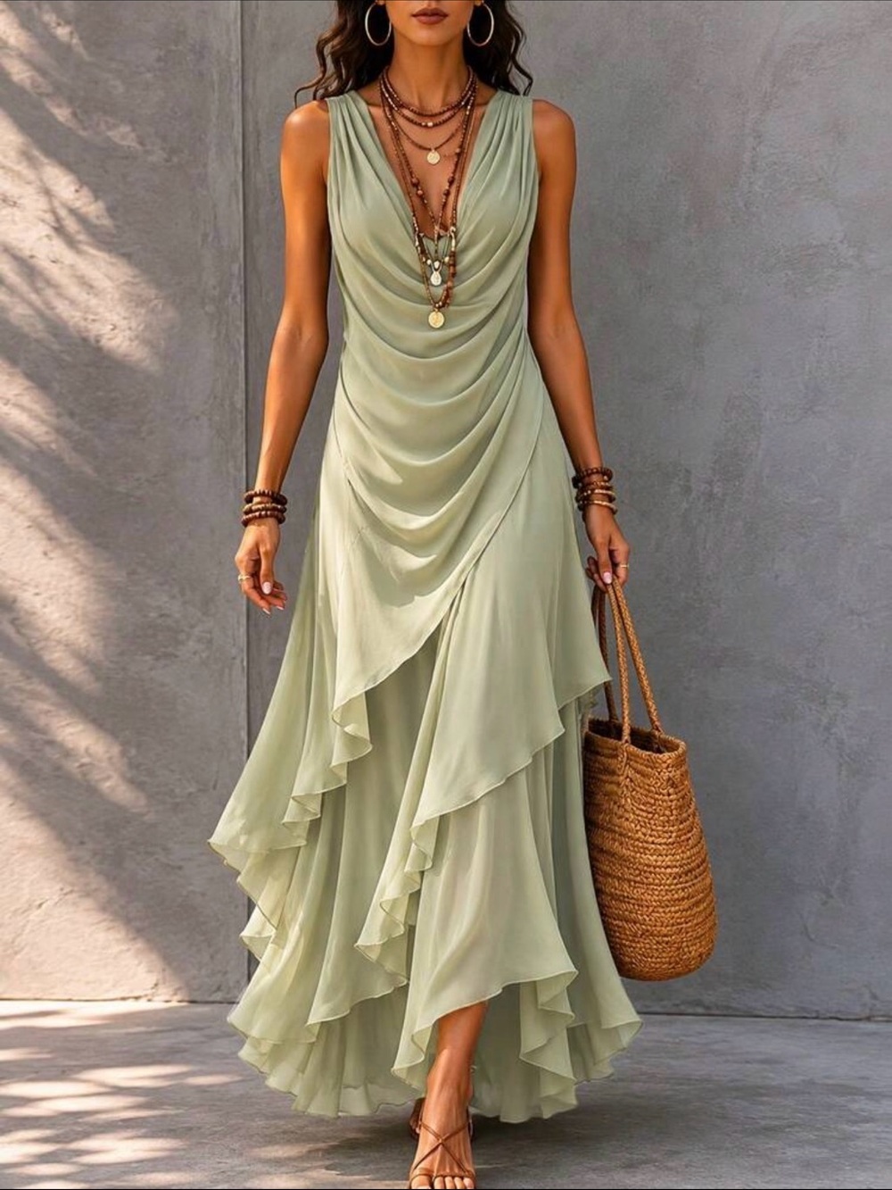 SHEIN Sage Green Draped Ruffle High-Low Maxi Dress